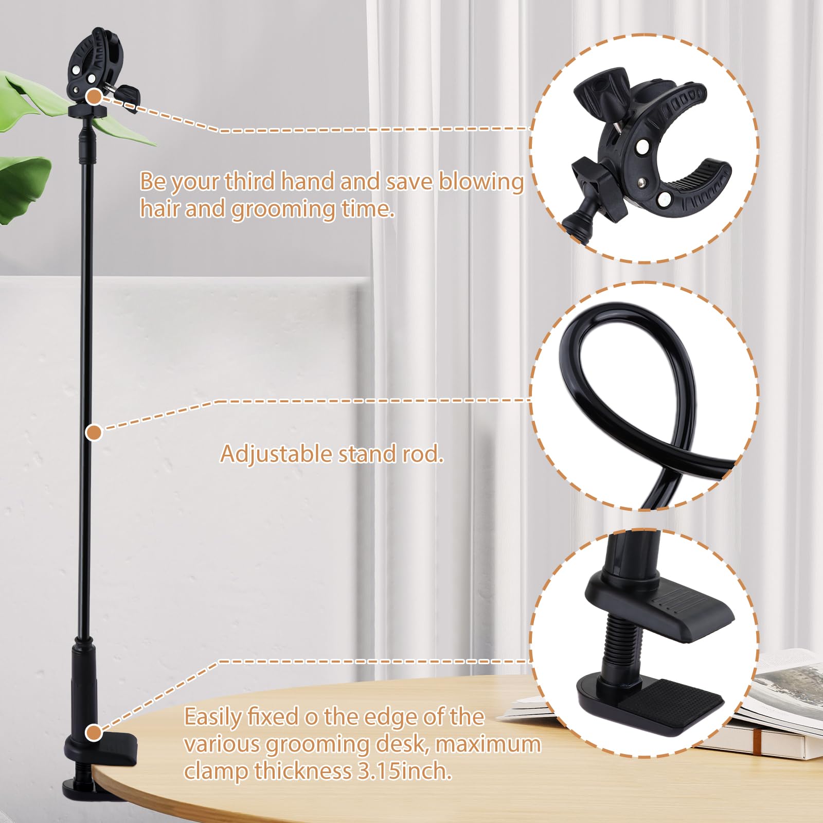 DynWAVE stand mounted on table edge with clamp for stable grooming setups.