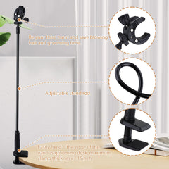 DynWAVE stand mounted on table edge with clamp for stable grooming setups.