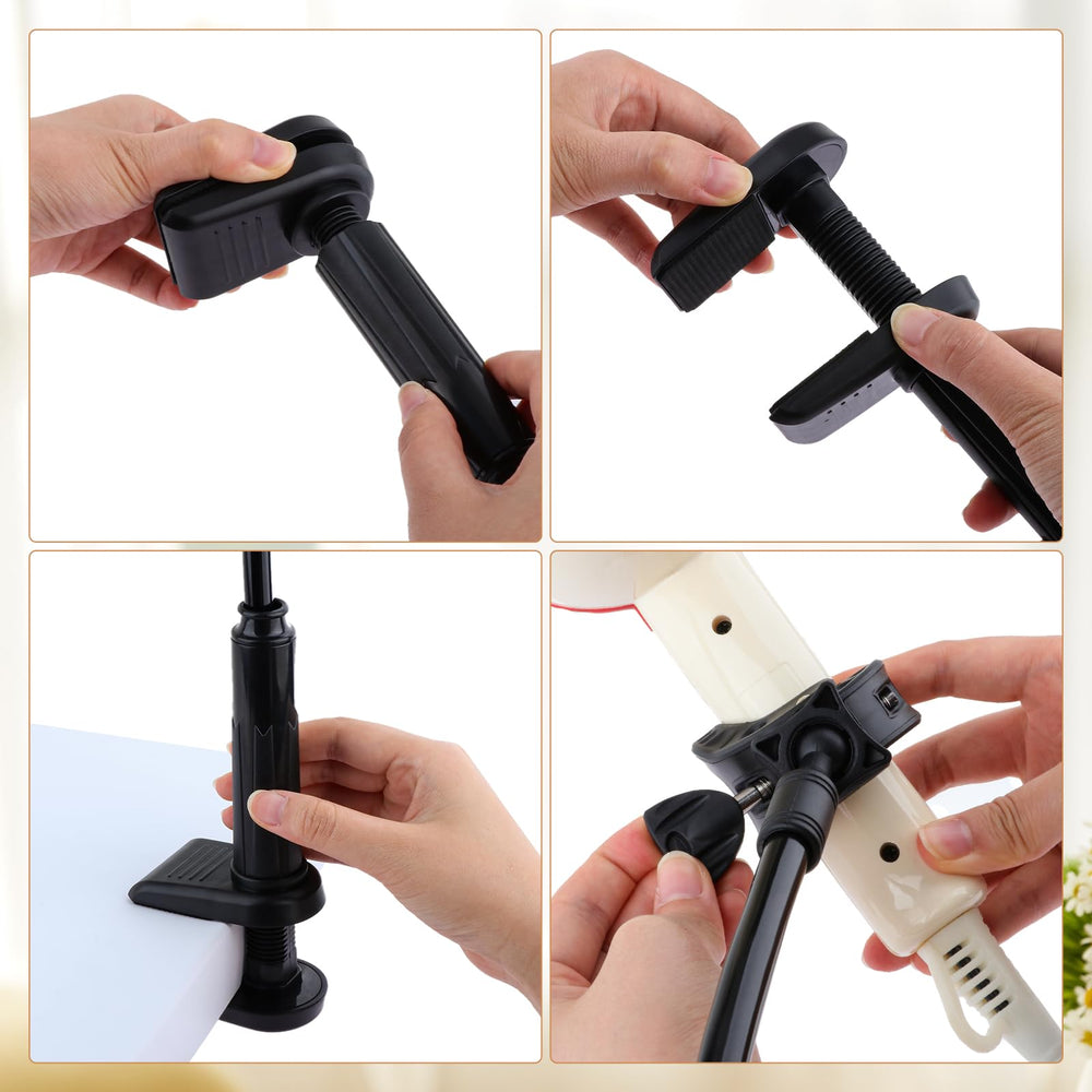 Table-edge clamp on the DynWAVE stand fits 1–8 cm thick surfaces securely.