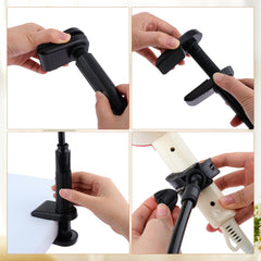 Table-edge clamp on the DynWAVE stand fits 1–8 cm thick surfaces securely.