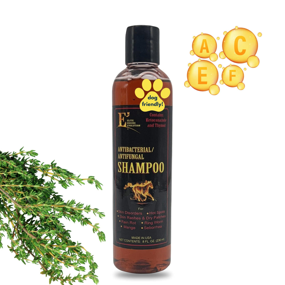 E3 antifungal shampoo bottle showcasing ketoconazole and thymol for soothing itchy horse and dog skin.