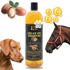 E3 Argan Oil Shampoo bottle shows premium conditioning formula for coats.