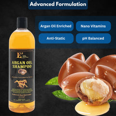 E3 Argan Oil Shampoo ingredients highlight argan oil for hydration and care.