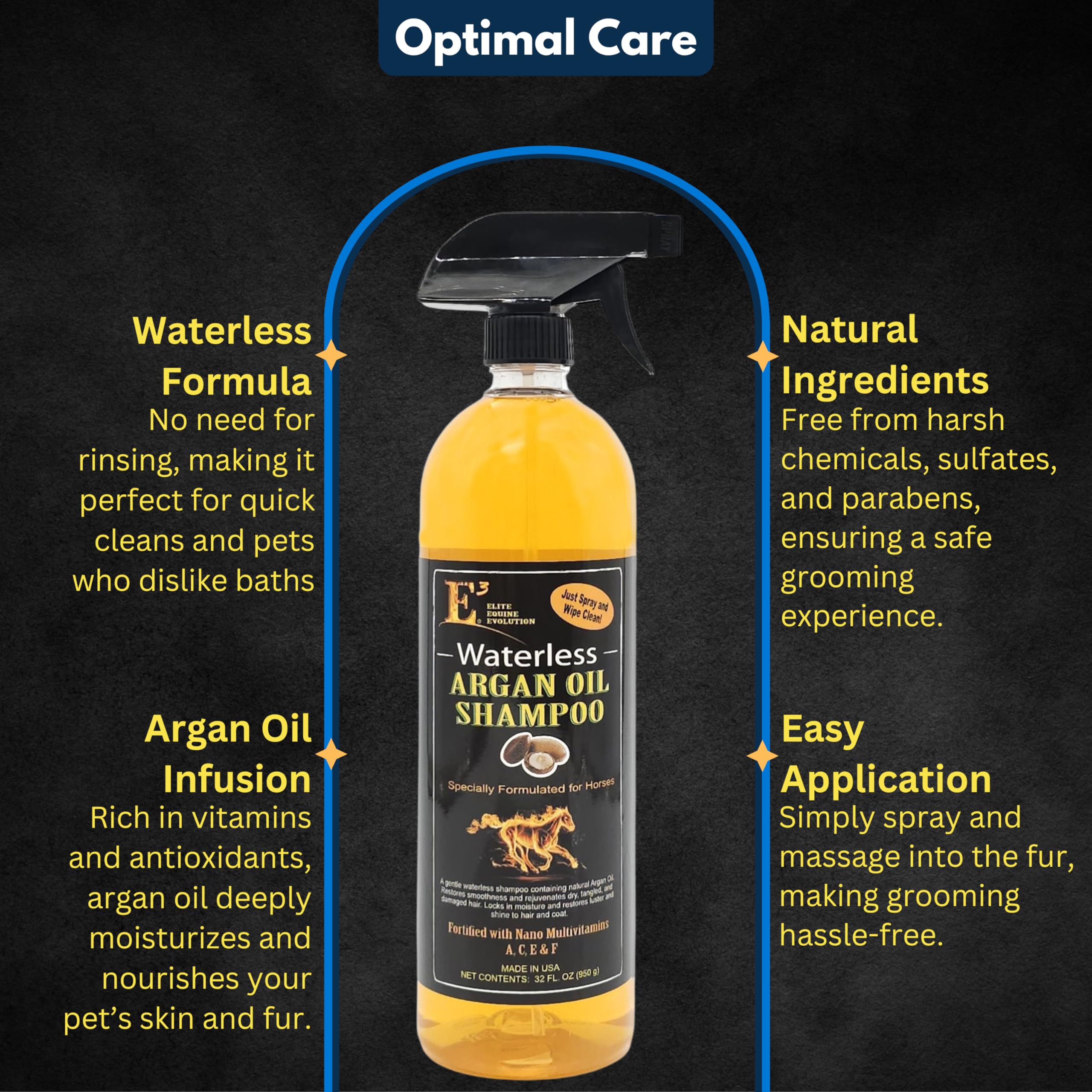 E3 Waterless Argan Oil Shampoo for Horses, easy bottle application on mane and tail.