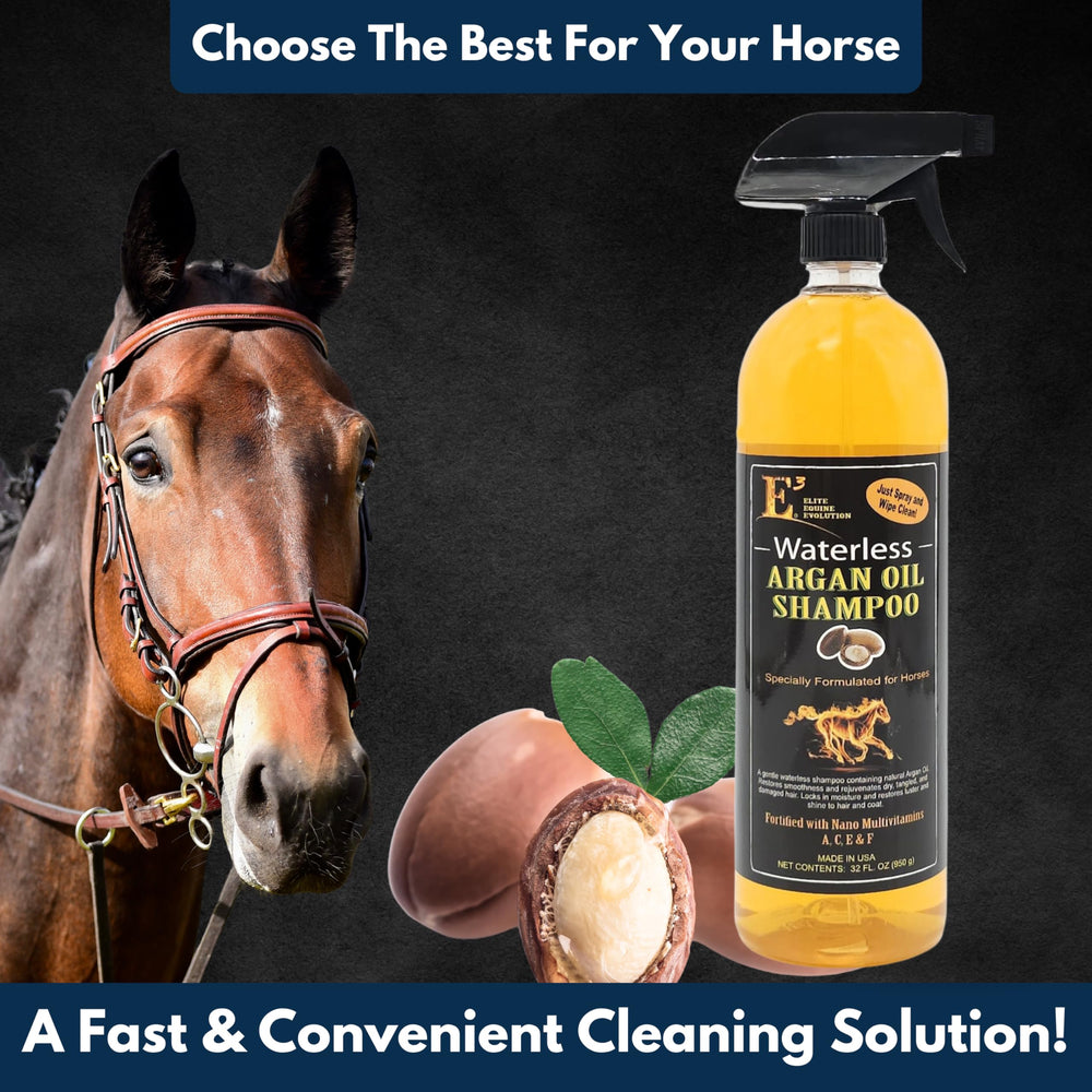 E3 Waterless Argan Oil Shampoo for Horses, time-saving grooming for busy stables.