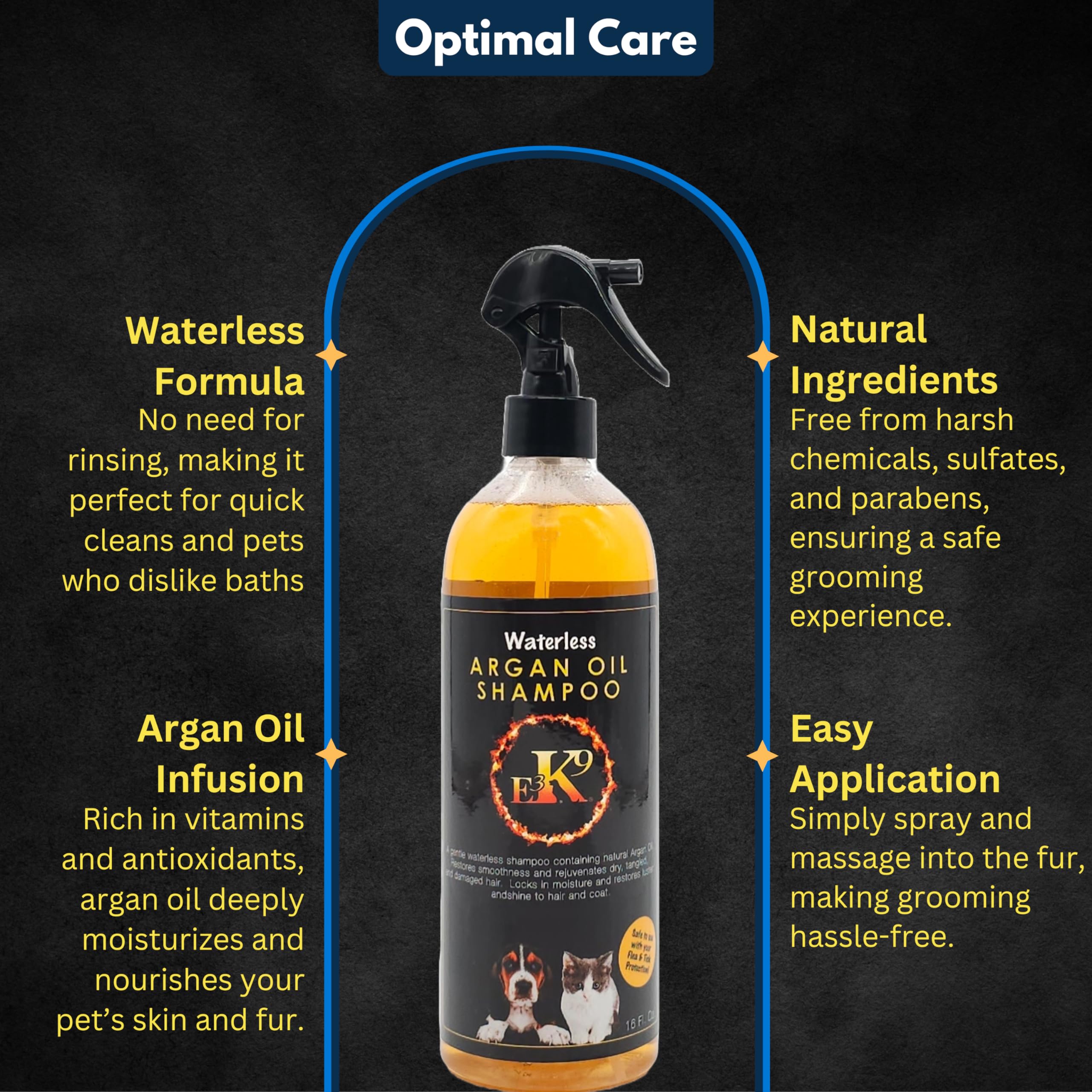E3 Waterless Dog Shampoo application on coat for easy, rinse-free refresh between baths.