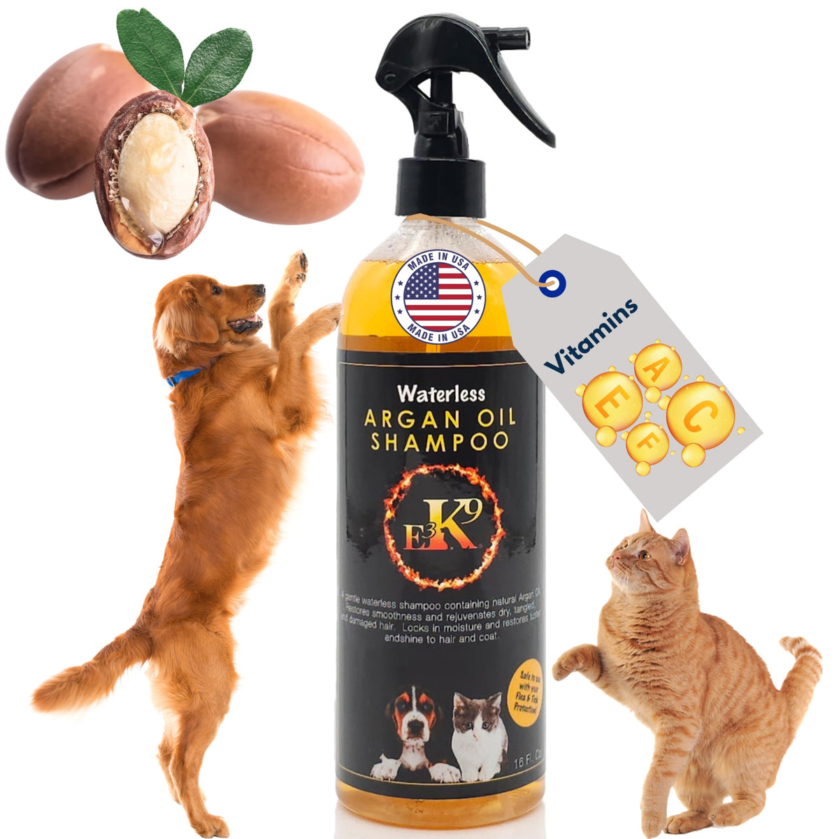 E3 Waterless Dog Shampoo bottle with argan oil scent for quick grooming and lasting freshness.