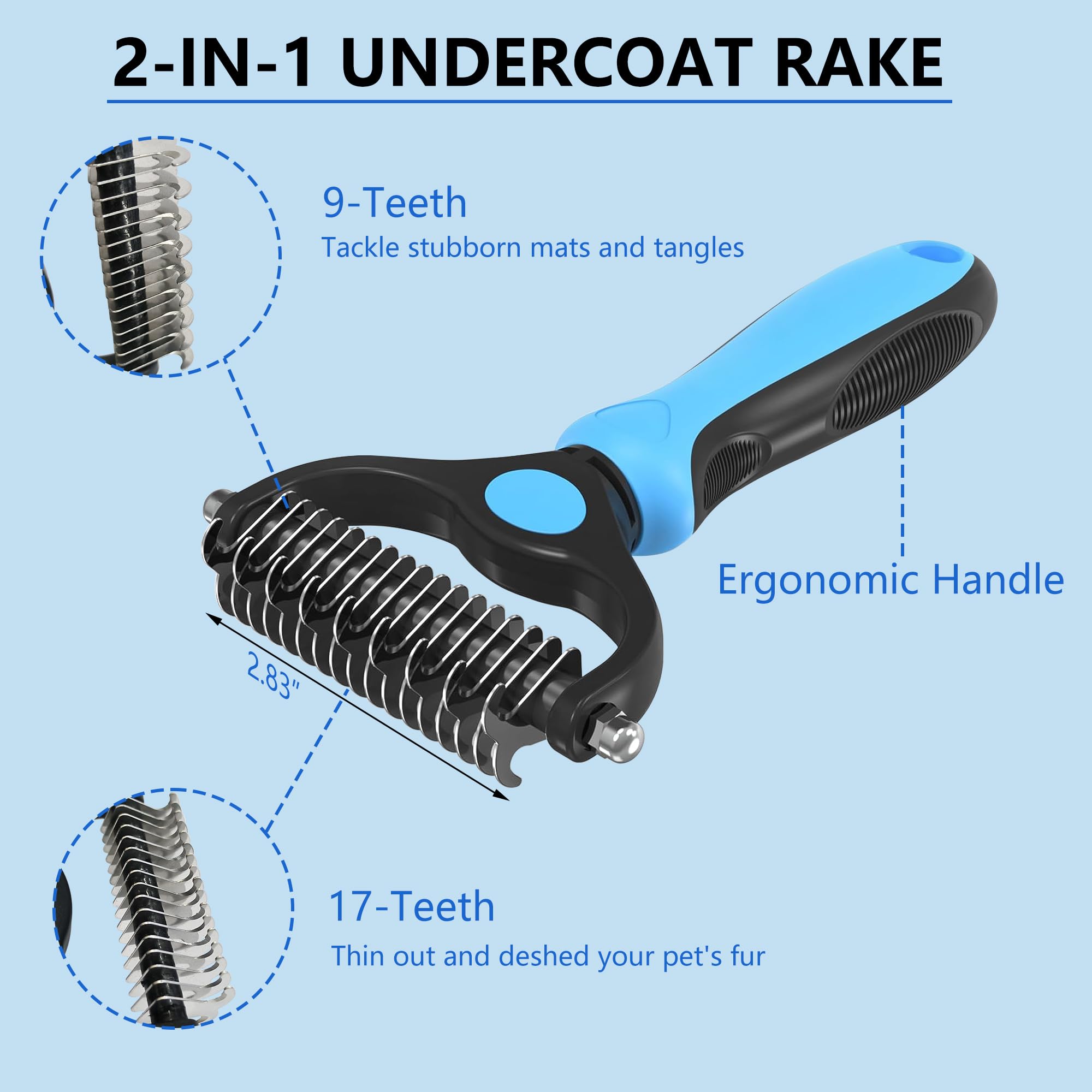 EAFBAO dual-side undercoat rake for knots and loose hair removal.