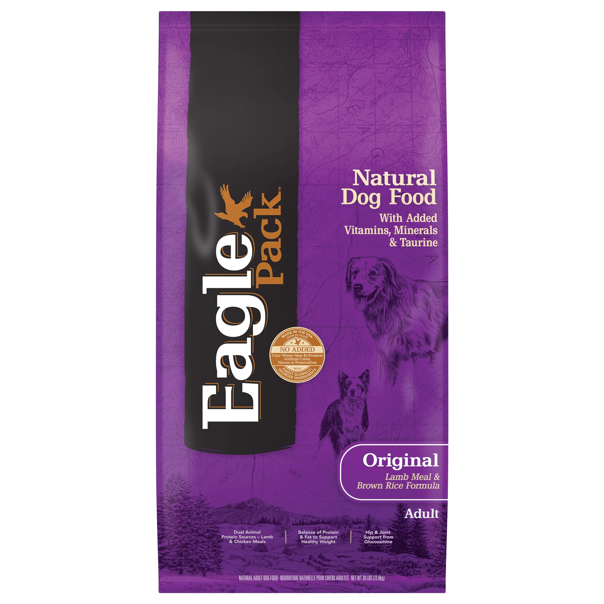 Eagle Pack Lamb & Rice dry dog food bag highlighting balanced adult nutrition.