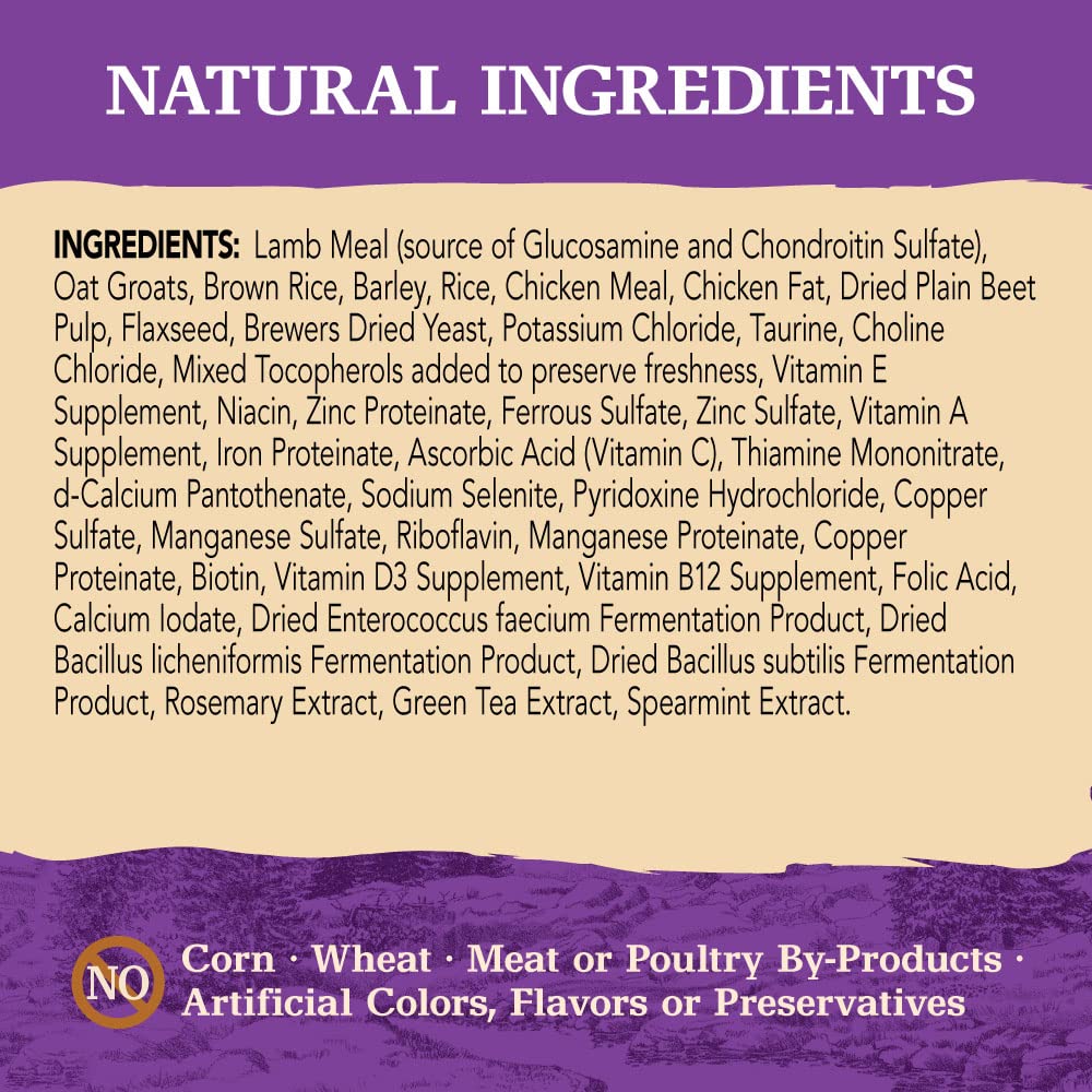 Ingredients close-up for Eagle Pack Lamb & Rice emphasizes wholesome components.