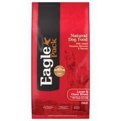 Eagle Pack large breed dry dog food bag showing balanced nutrition for big dogs.