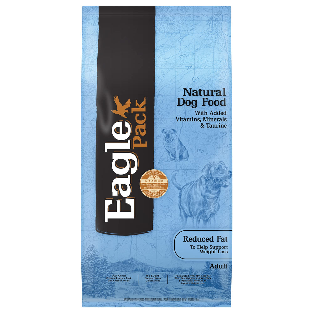 Eagle Pack Natural Dry Reduced Fat dog food bag front highlights lean body mass benefits.