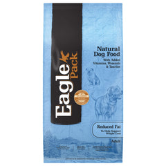 Eagle Pack Natural Dry Reduced Fat dog food bag front highlights lean body mass benefits.