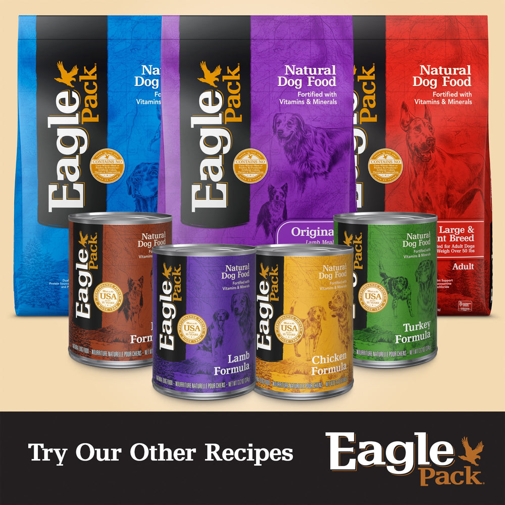 Balanced nutrition message on Eagle Pack bag illustrates everyday health for dogs.