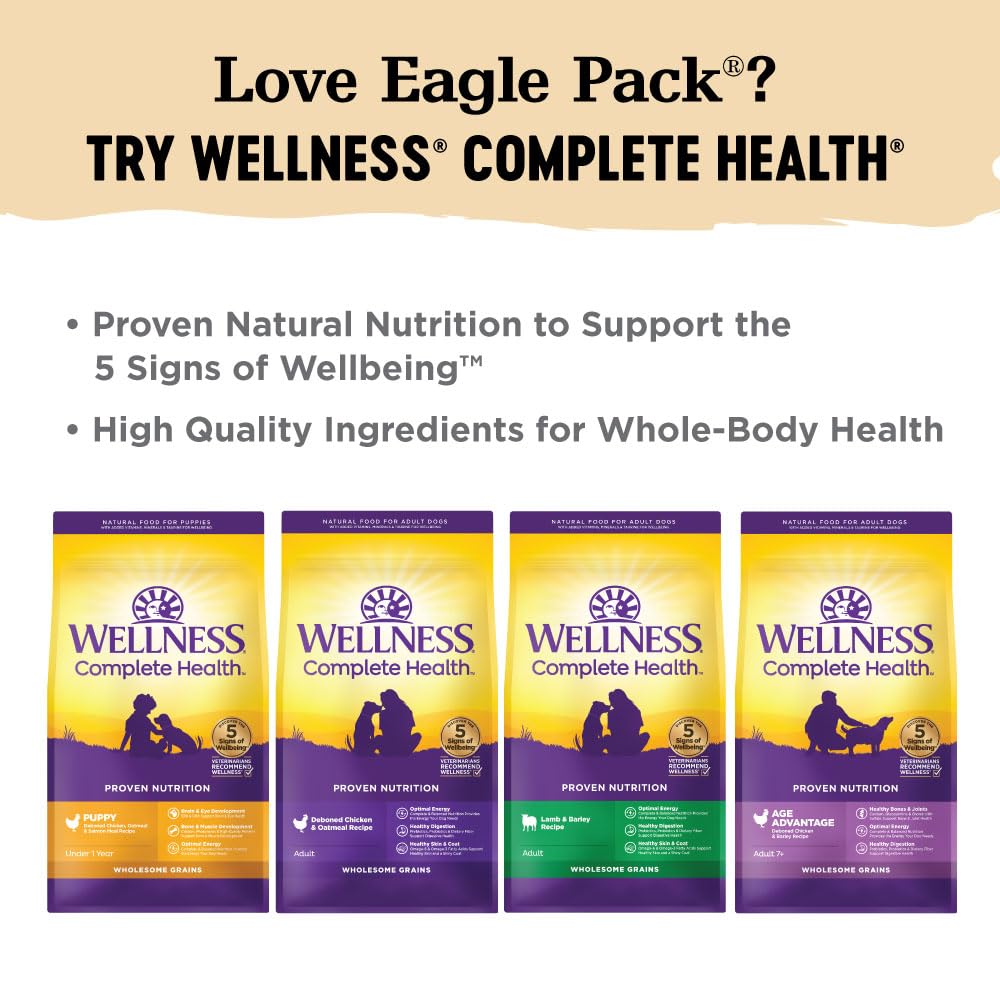 Omega fatty acids visual on Eagle Pack bag indicate healthy skin and coat benefits.