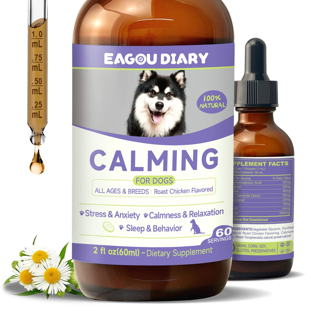 Eagou Diary Dog Calming Drop bottle on counter, ready for calming moments.