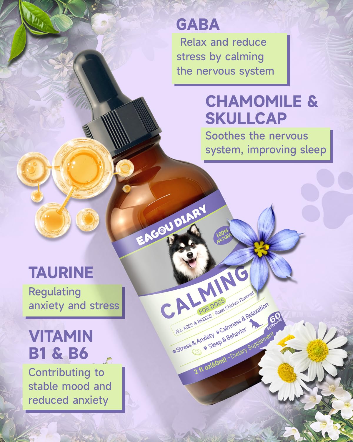 Dropping formula directly into dog's mouth for quick calming support.