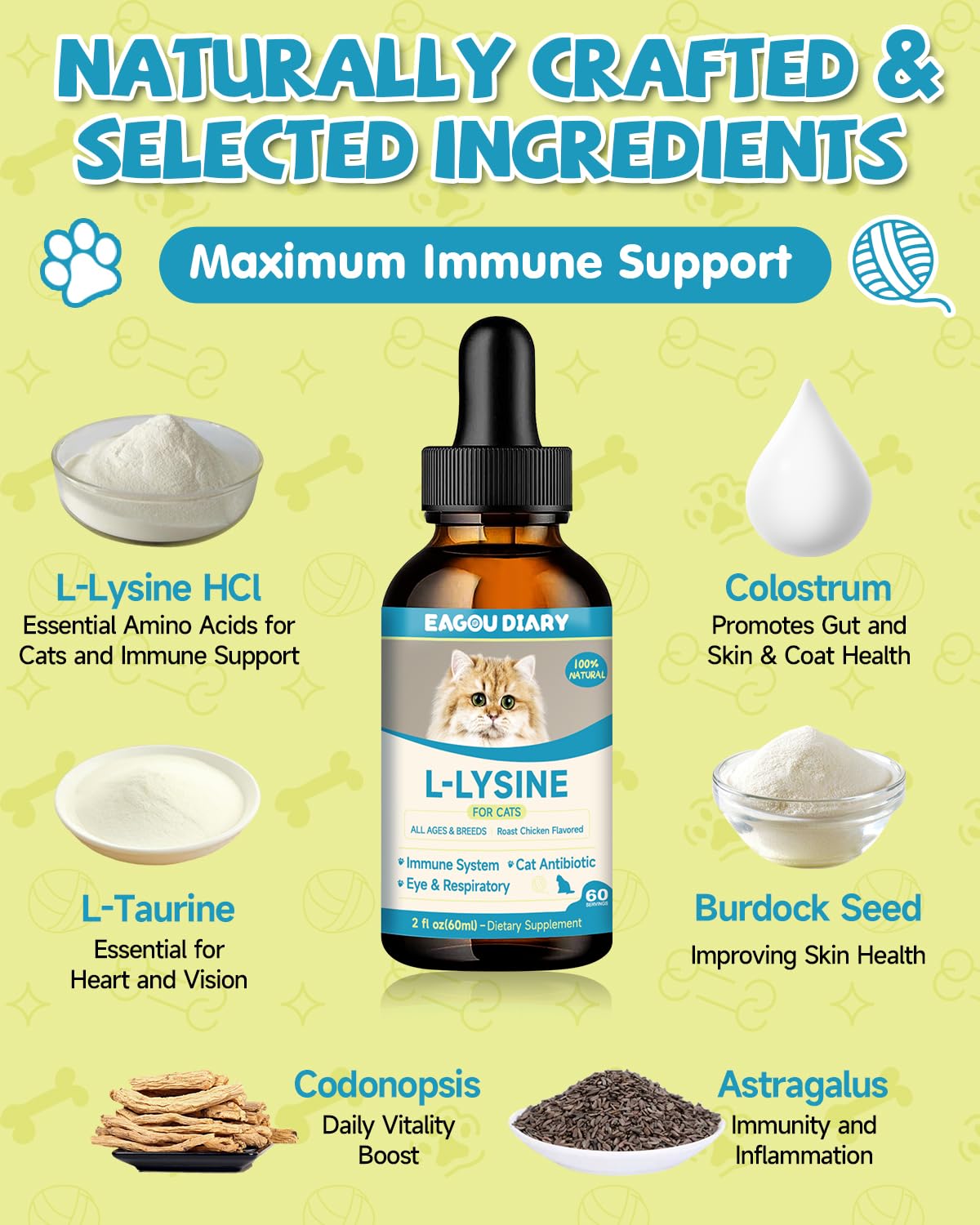 Ingredients close-up with colostrum and herbs in Eagou Diary drops