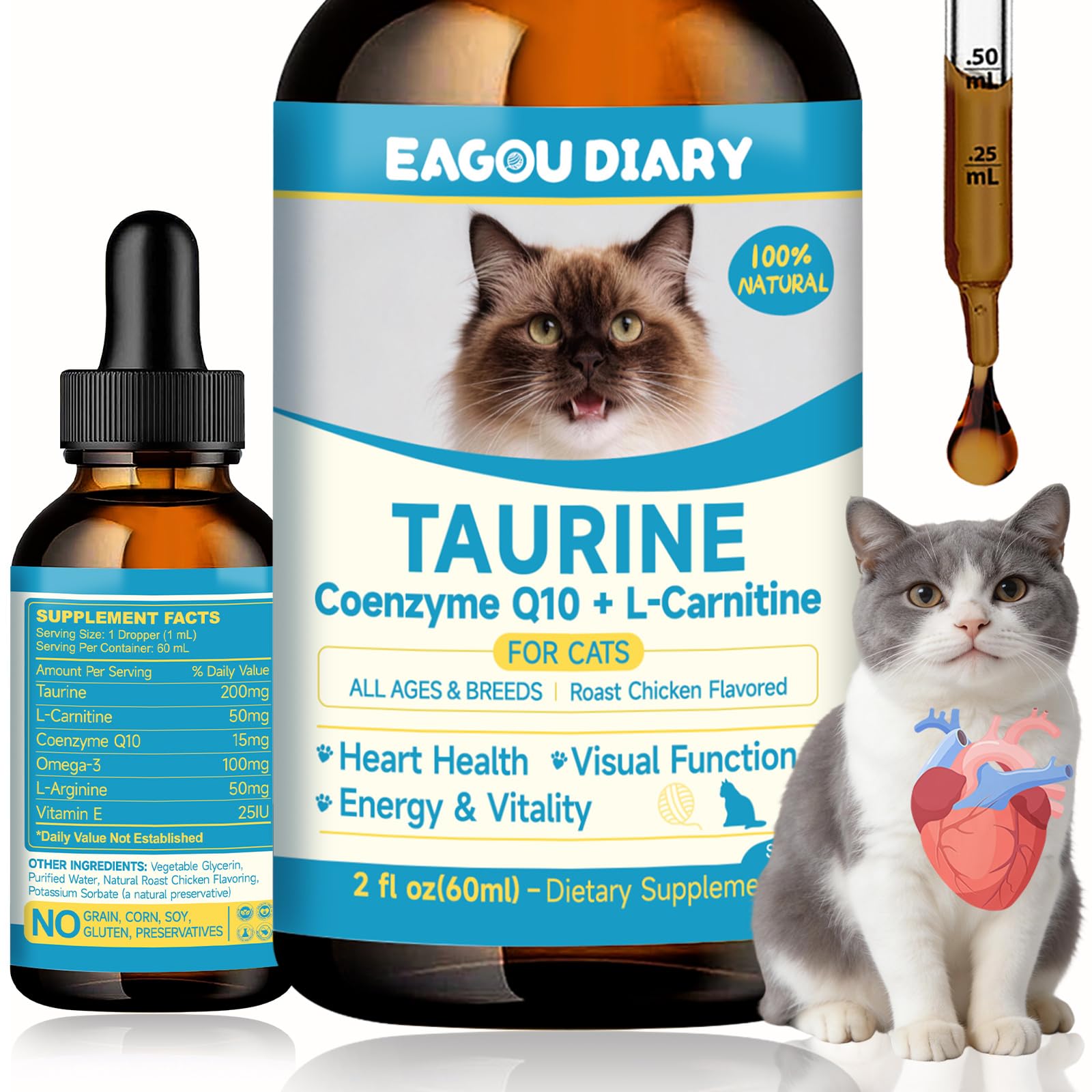 Eagou Diary Taurine for Cats Drops bottle shown; supports heart health and overall vitality
