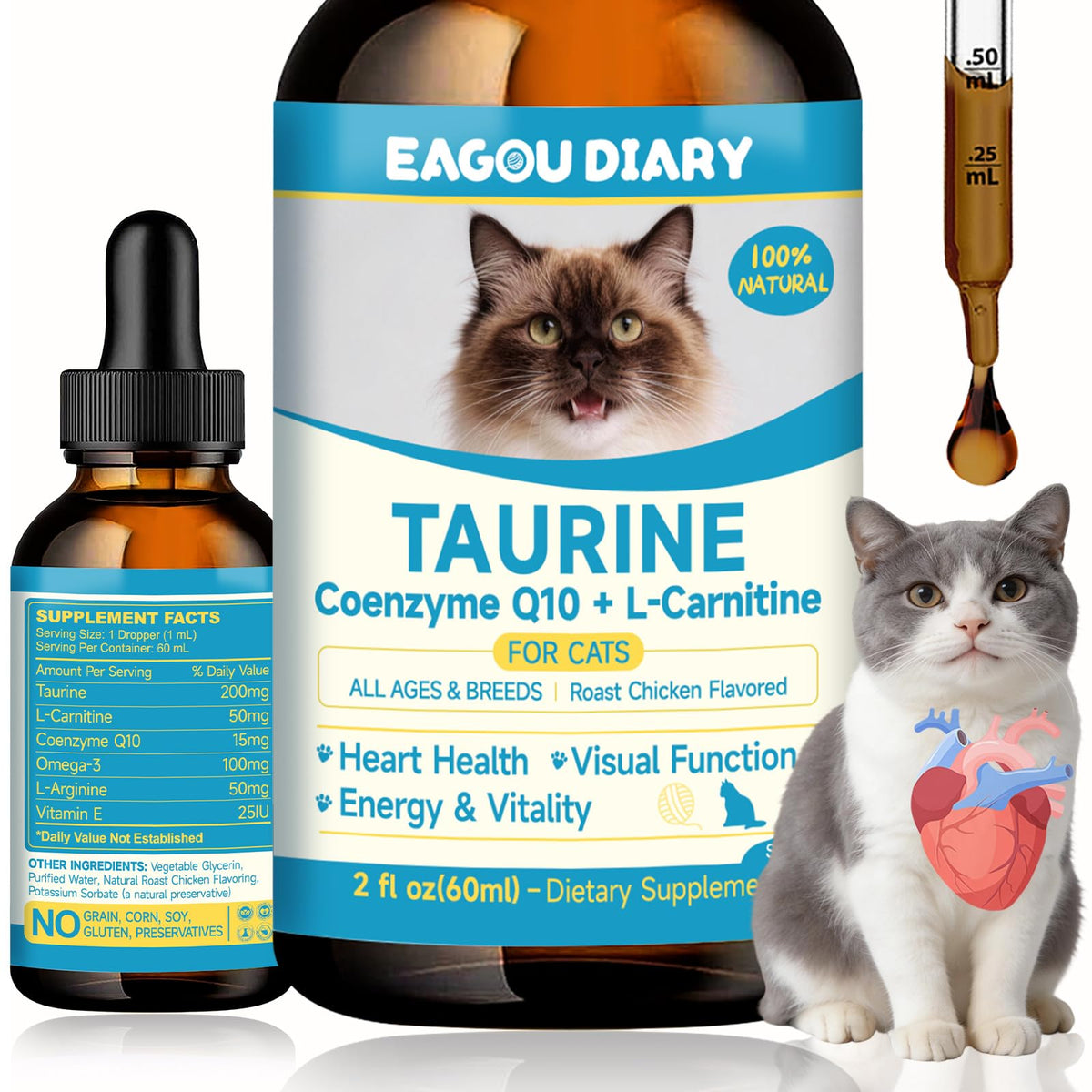 Eagou Diary Taurine for Cats Drops bottle shown; supports heart health and overall vitality