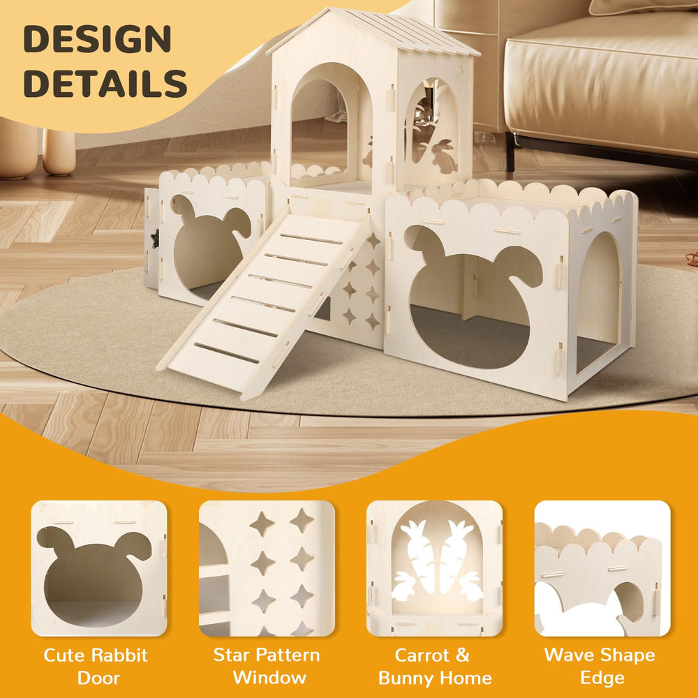 EAROND Extra Large Rabbit Castle hay feeder attachment keeps hay tidy and accessible.