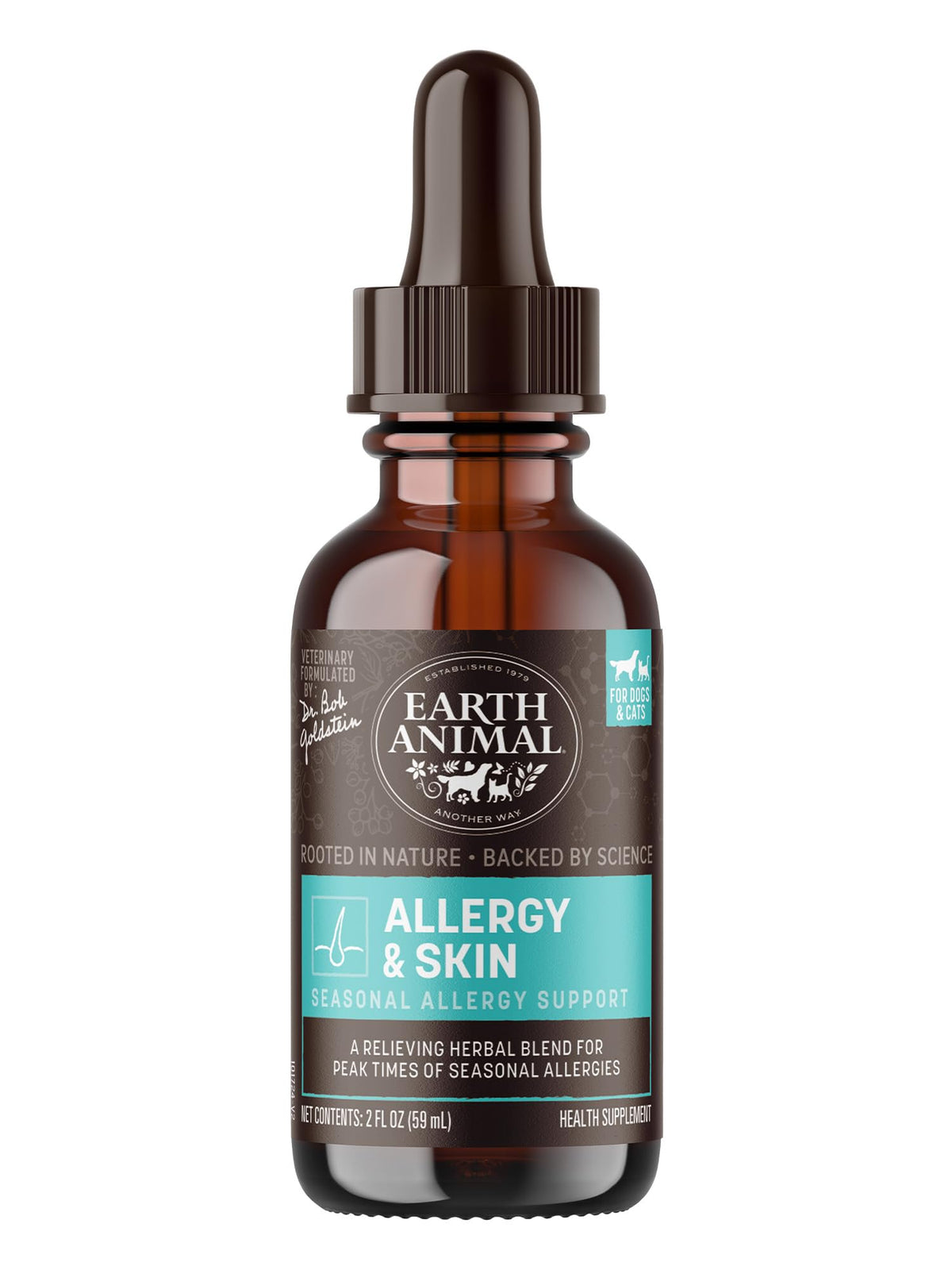 Earth Animal Apothecary liquid supplement drops bottle pour for seasonal allergy support in pets.
