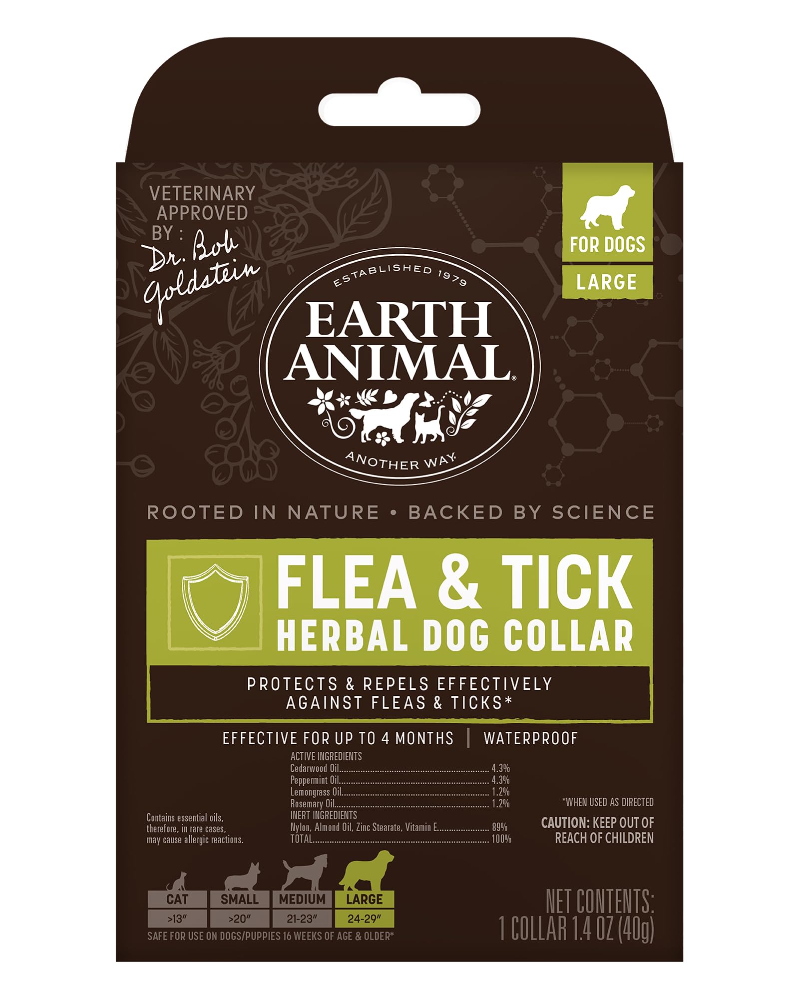 Earth Animal Apothecary natural flea and tick collar on large dog’s neck.