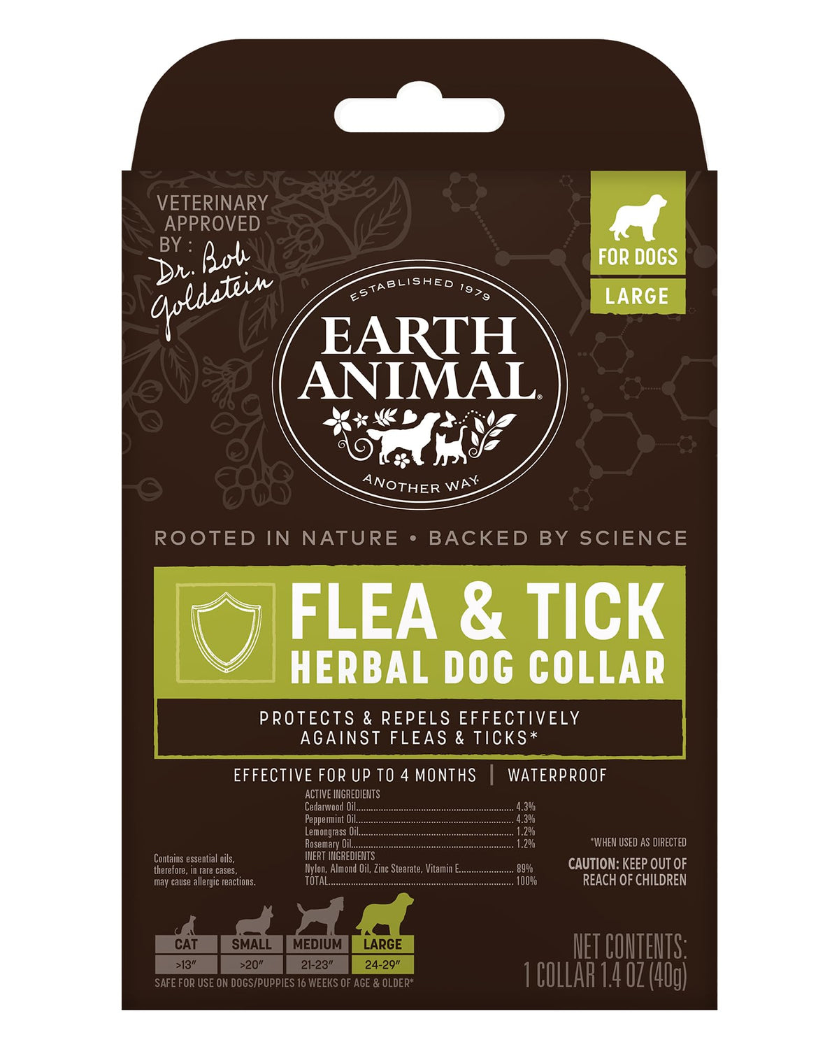 Earth Animal Apothecary natural flea and tick collar on large dog’s neck.