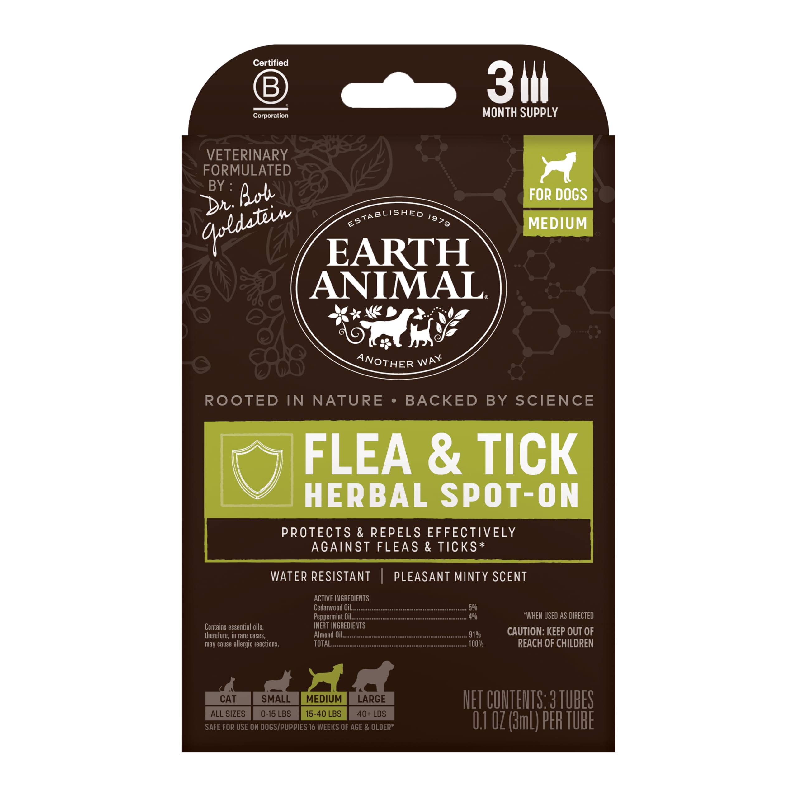 Earth Animal Apothecary flea & tick spot-on bottle for medium dogs with cedarwood and peppermint.