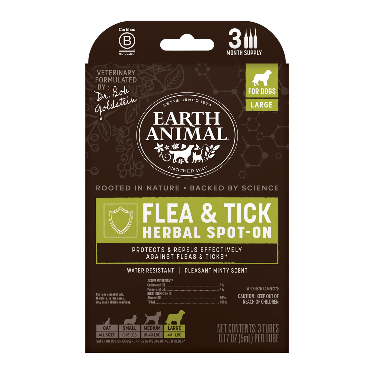 Earth Animal Apothecary spot-on bottle for large dogs with cedarwood and peppermint oils to deter fleas and ticks.