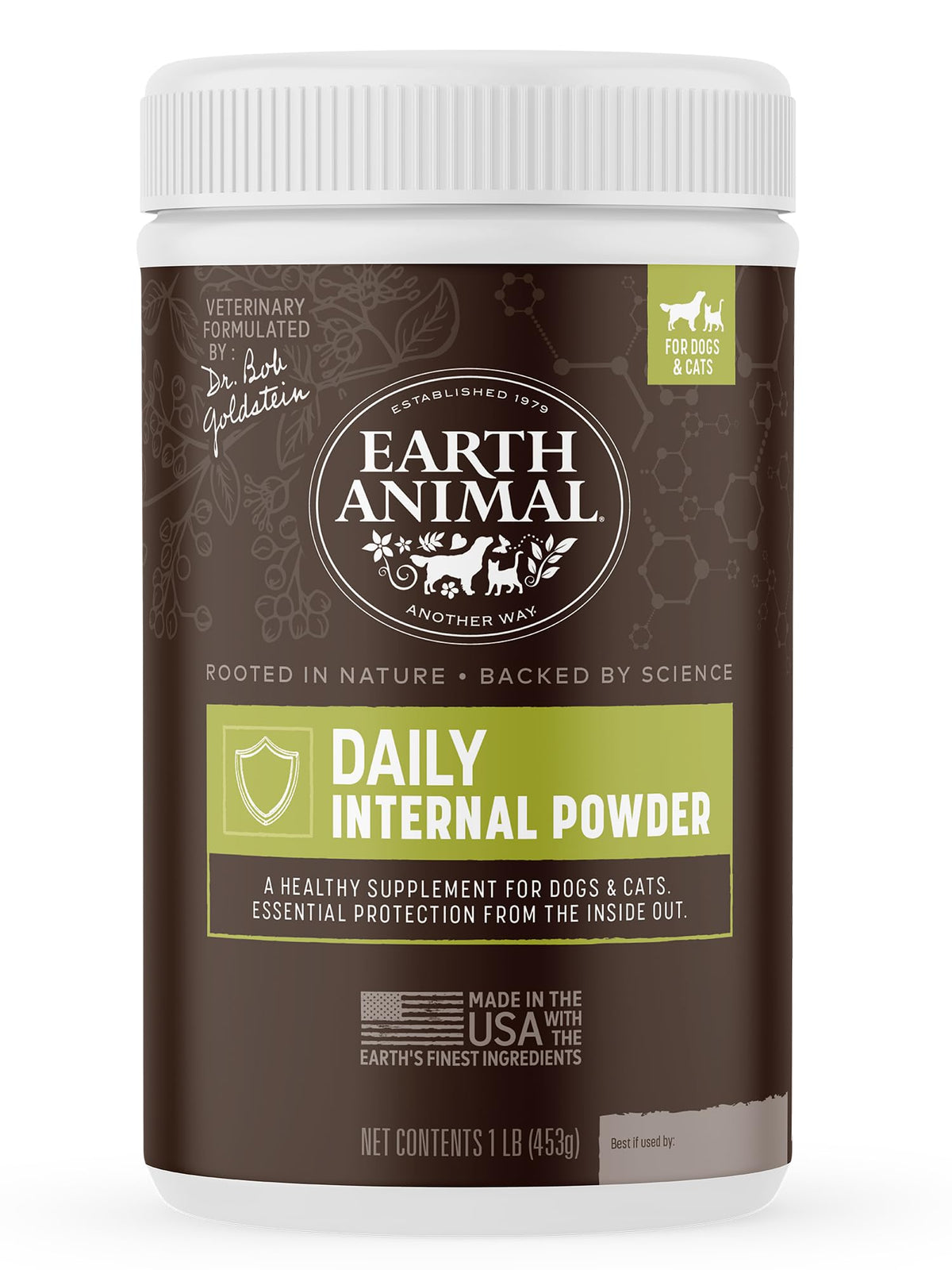 Earth Animal Daily Internal Powder bottle for dogs and cats with easy daily dosing for comfort
