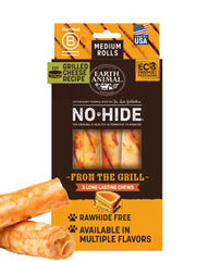 Earth Animal No Hide Chews Grill Rolls packaging highlights a rawhide-free dog treat option