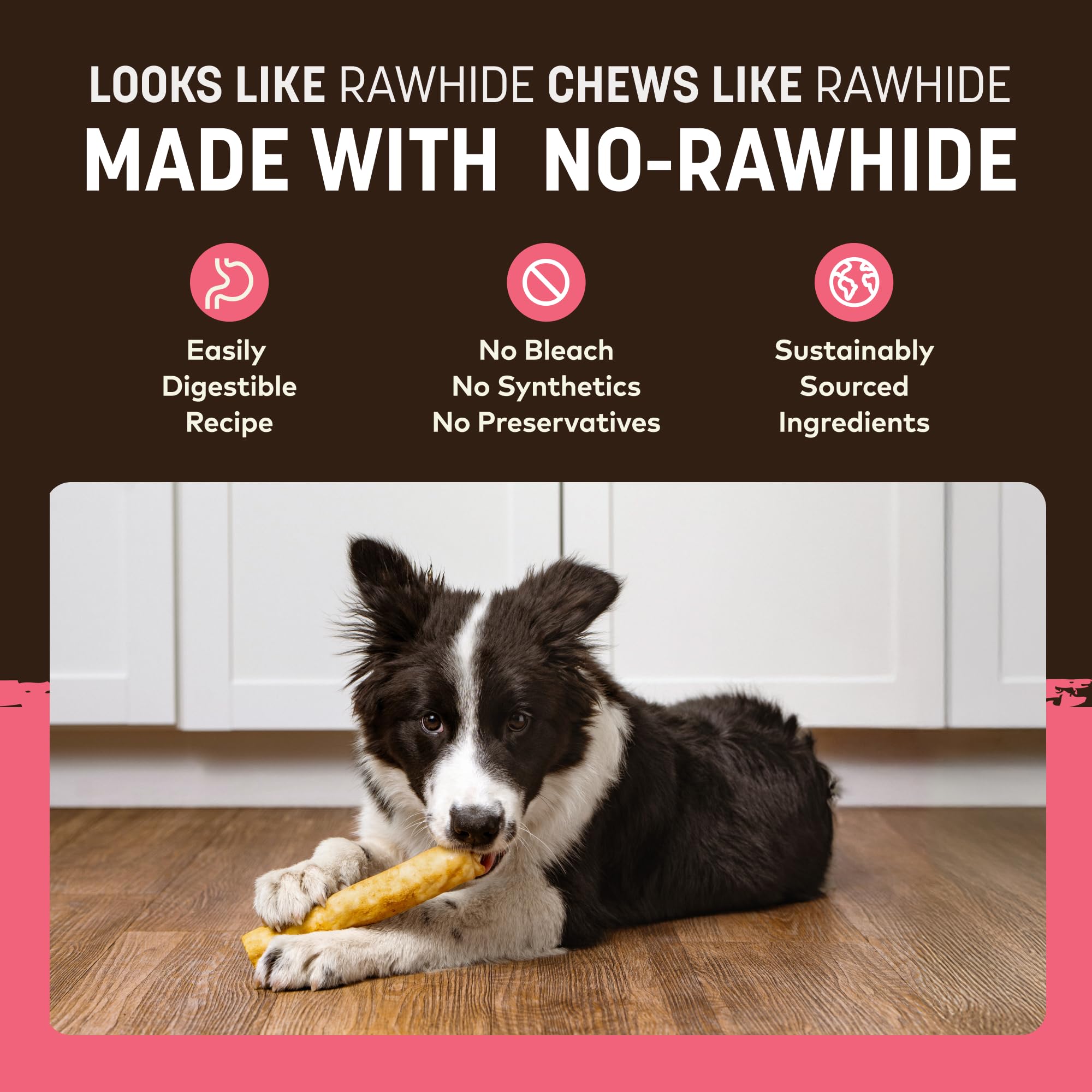 Earth Animal No Hide Chews salmon texture closeup and wholesome ingredients.