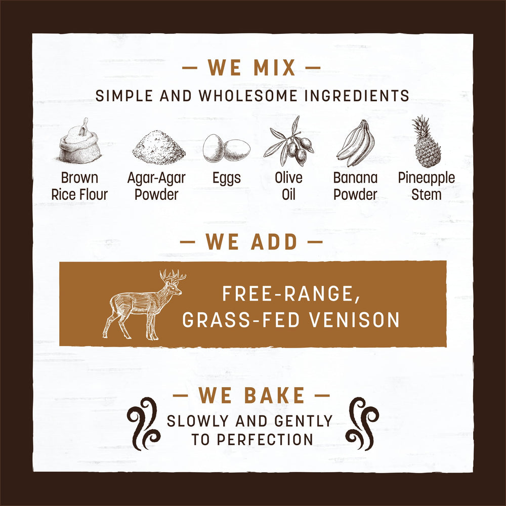 Earth Animal No-Hide ingredients list—brown rice flour and venison for digestible chew.