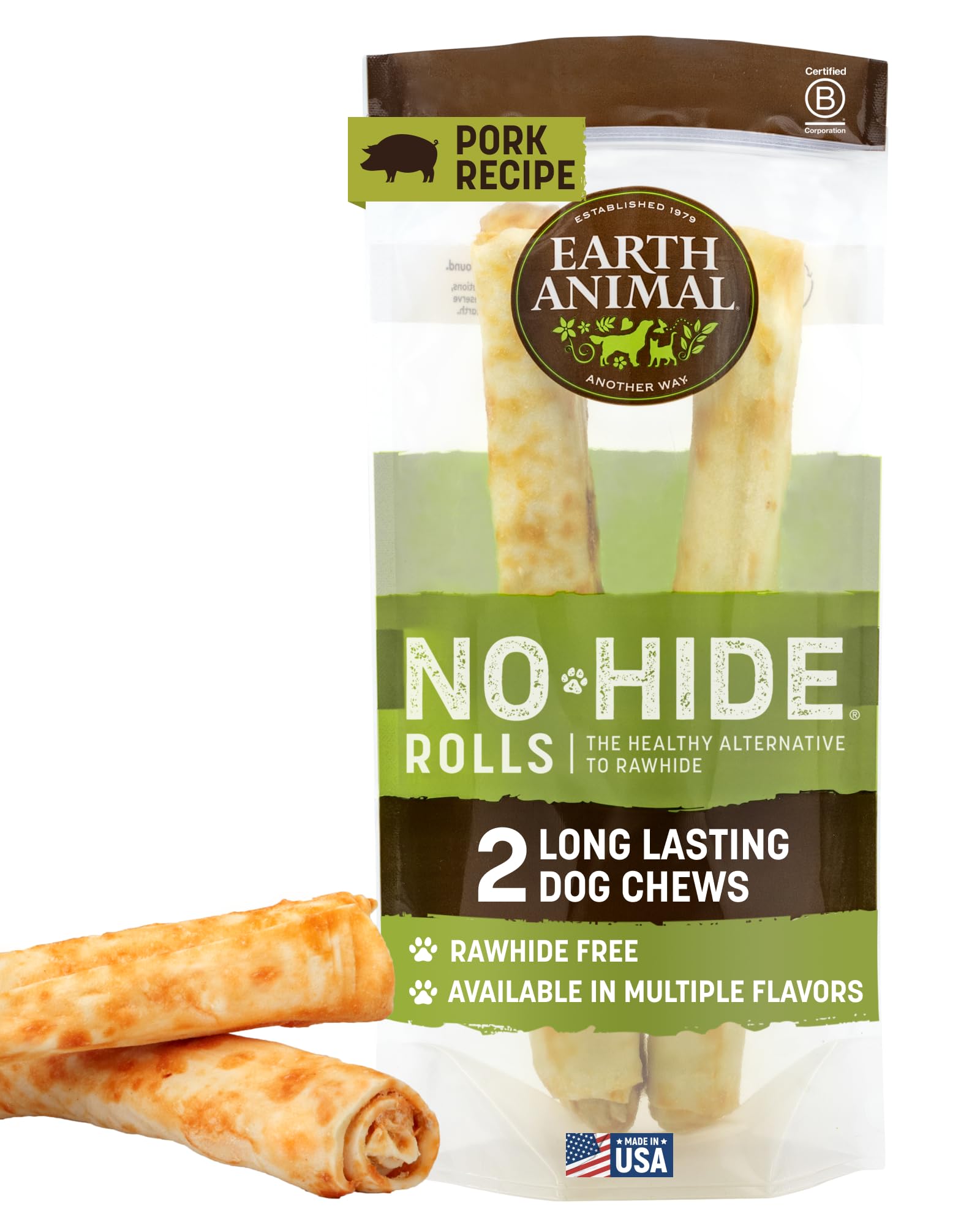 Earth Animal No Hide Chews large-pork-roll package close-up for long-lasting chew