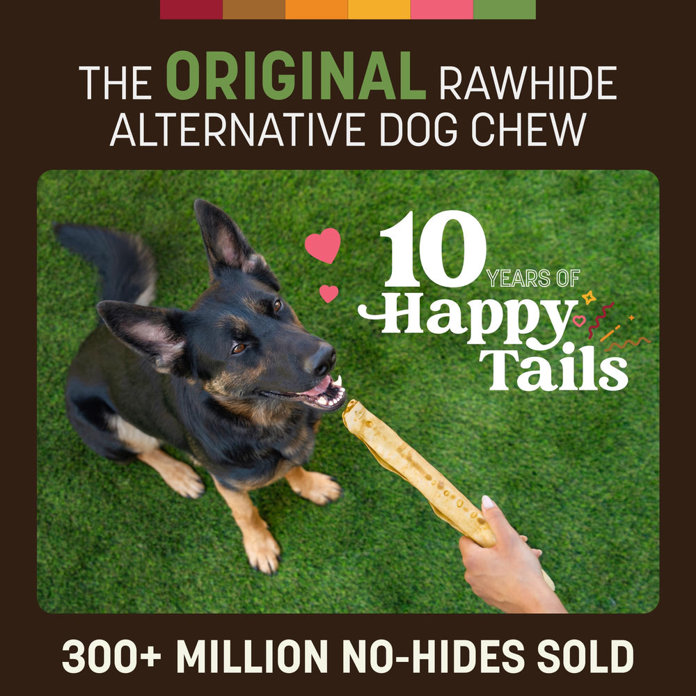 Earth Animal No Hide Chews pork roll being chewed by a dog for engagement