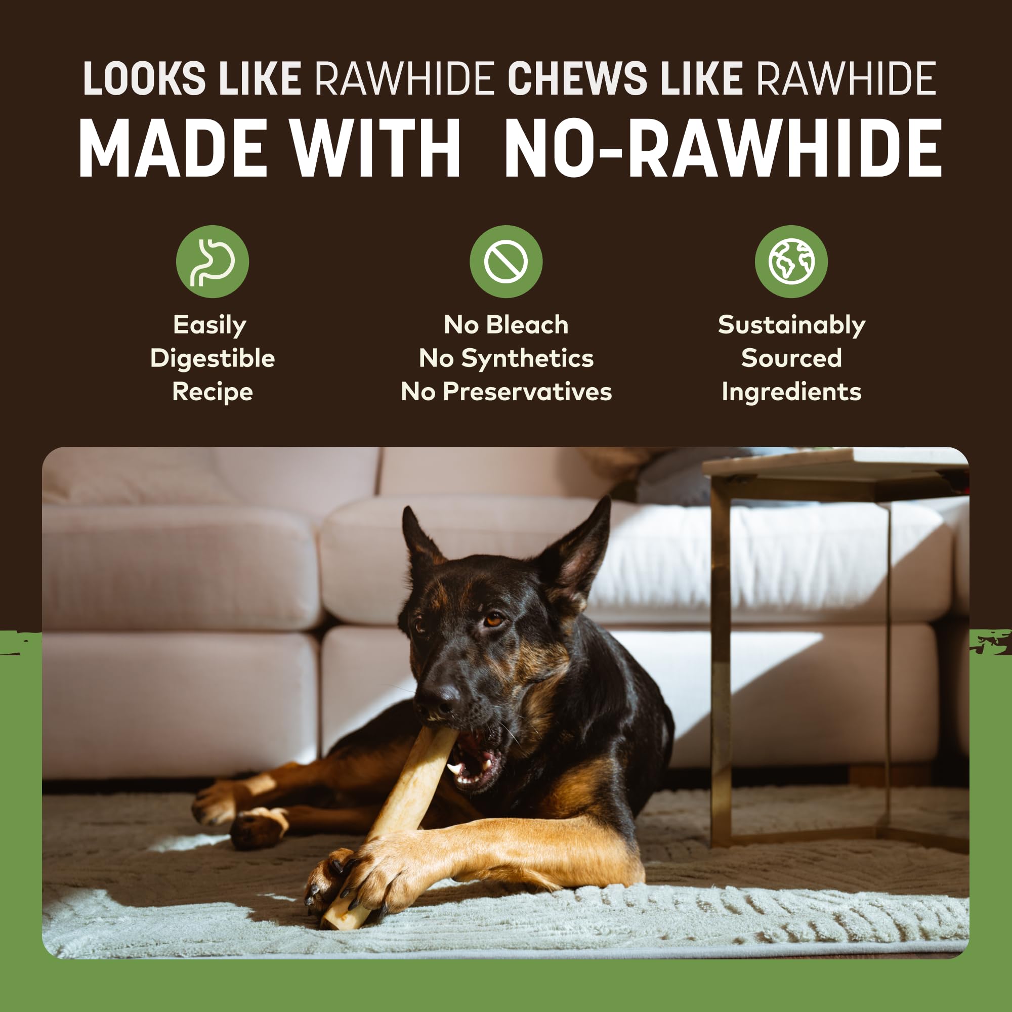 Earth Animal No Hide Chews USA-made with seven ingredients and no bleaches or preservatives