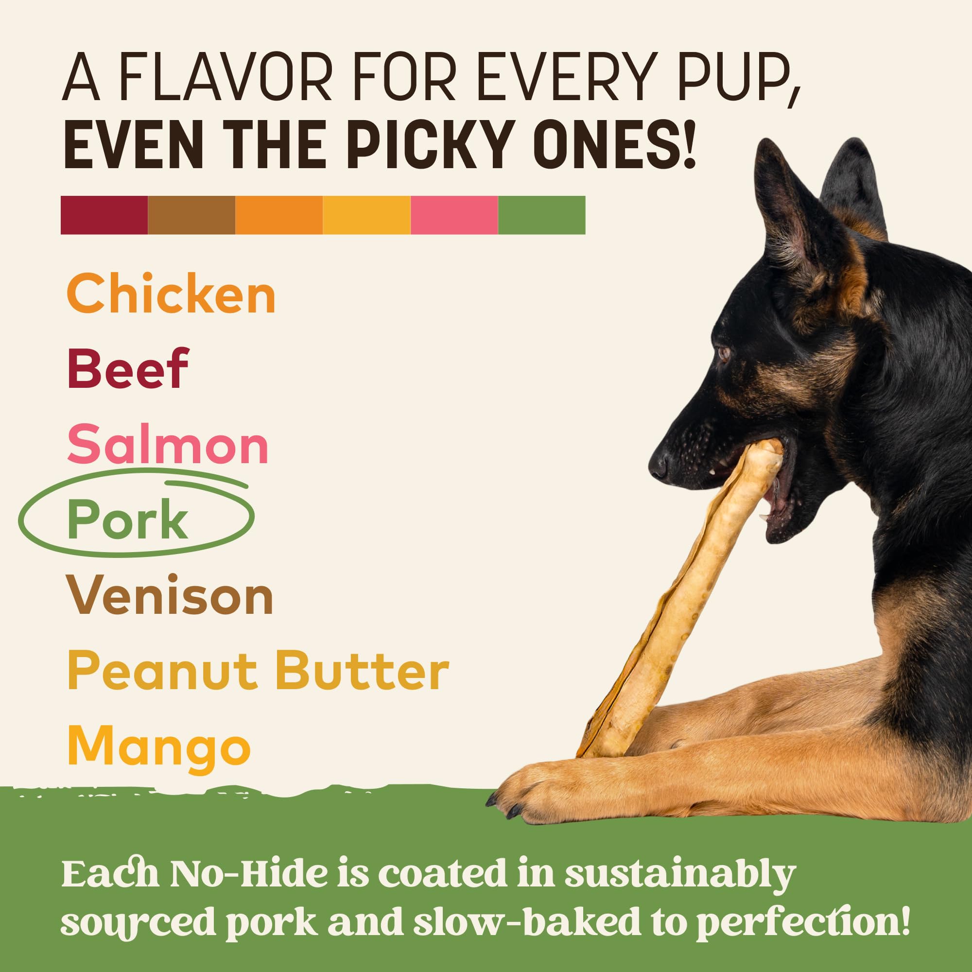 Earth Animal No Hide Chews long-lasting pork roll resting beside a content large dog