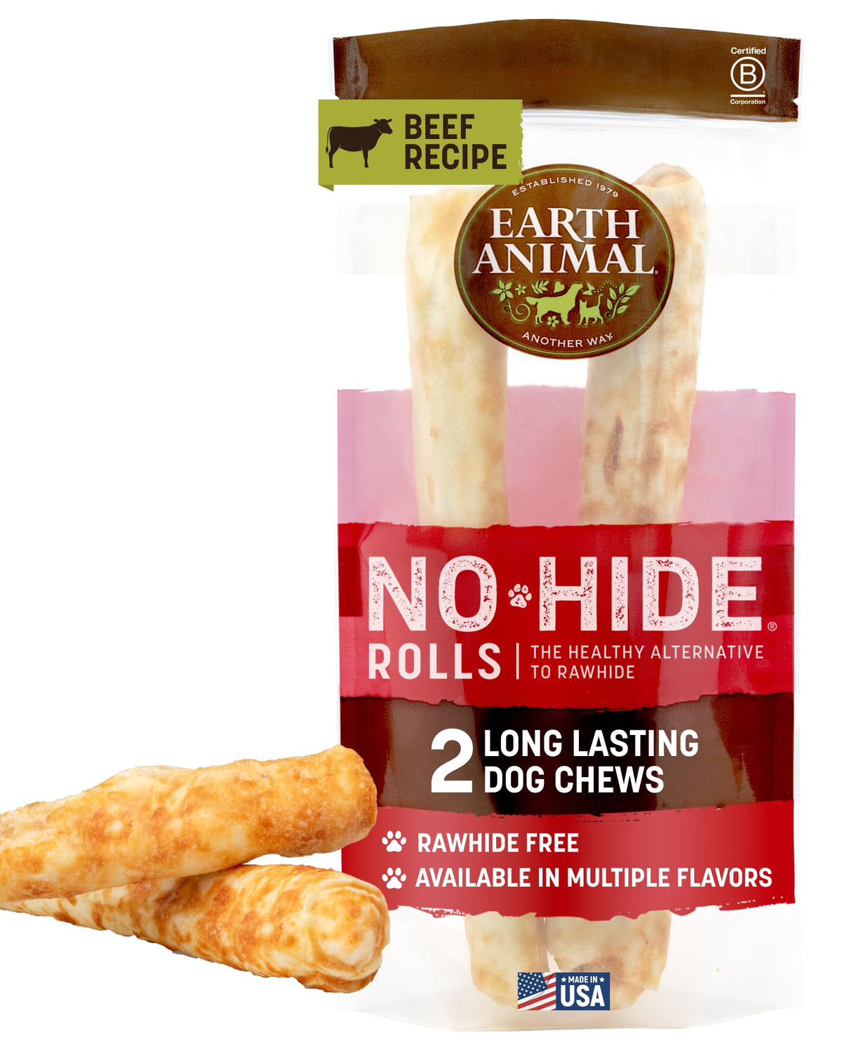 Earth Animal No Hide large roll beef chews for big dogs, long-lasting entertainment.