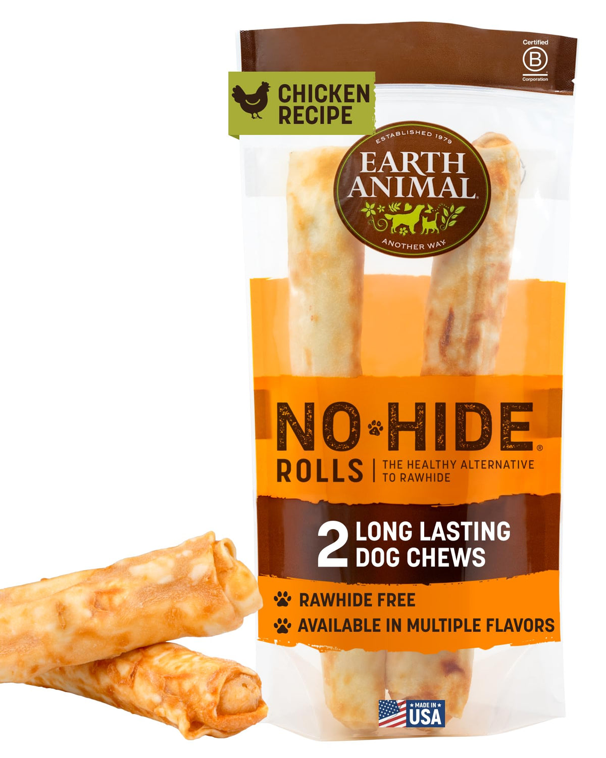 Earth Animal No Hide Chews large chicken roll for big dogs, long-lasting chew option.