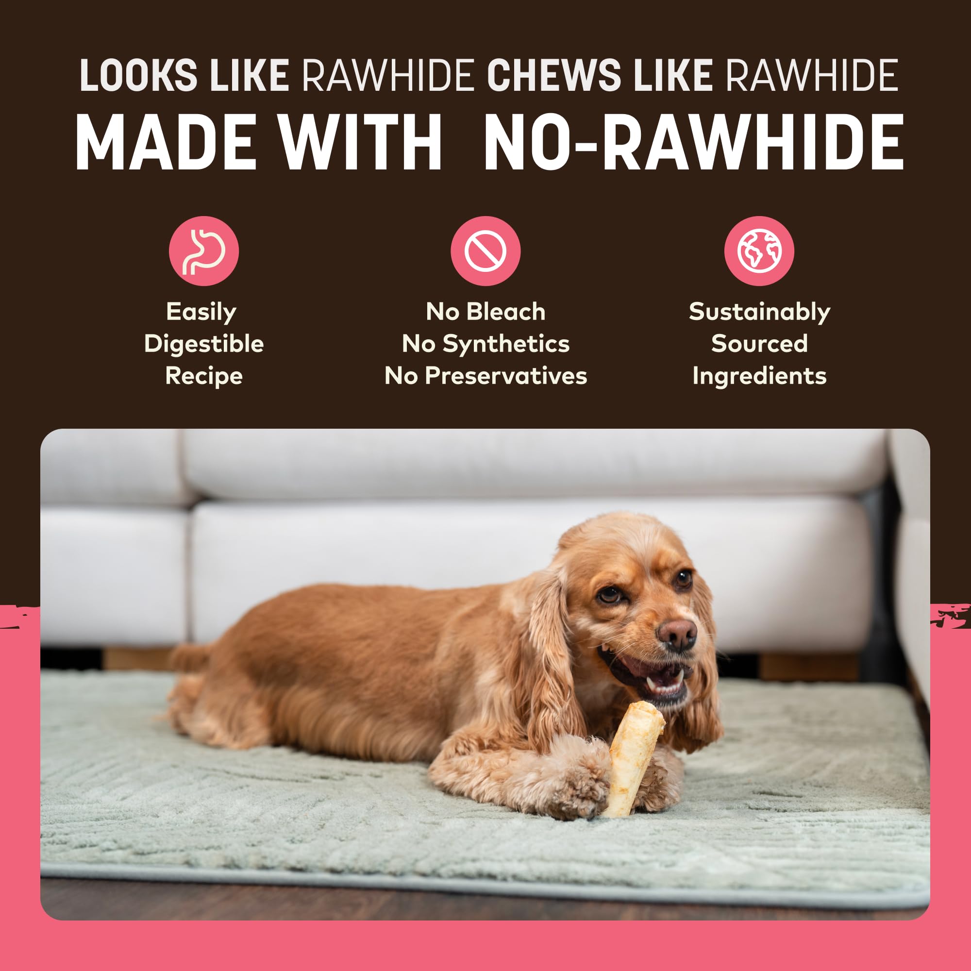 Earth Animal No Hide Chews Made in USA badge signals quality and safety.