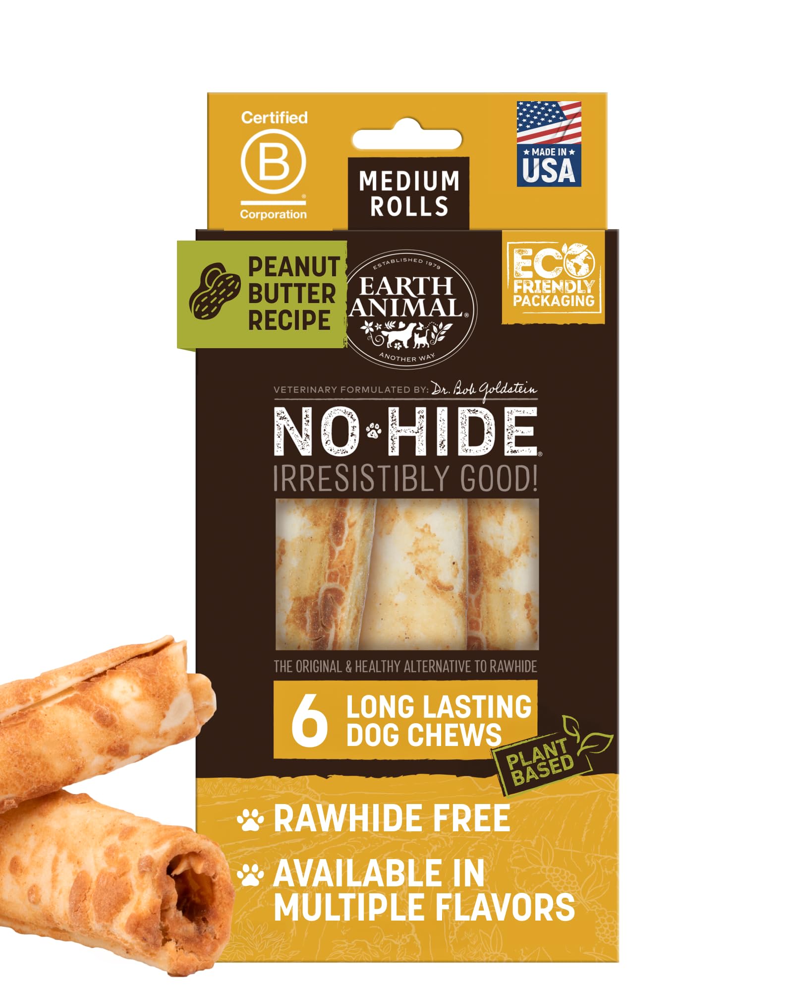Earth Animal No Hide Chews medium peanut butter rolls for medium dogs, lasting chew sessions.