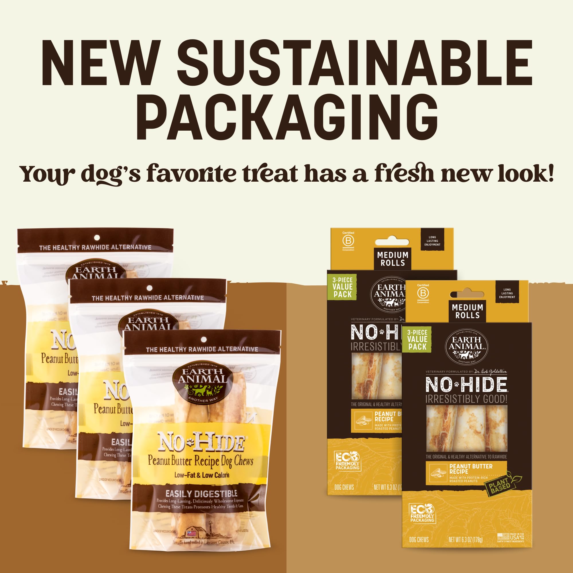 Earth Animal No Hide Chews medium peanut butter rolls show a rawhide-free option dogs can enjoy.