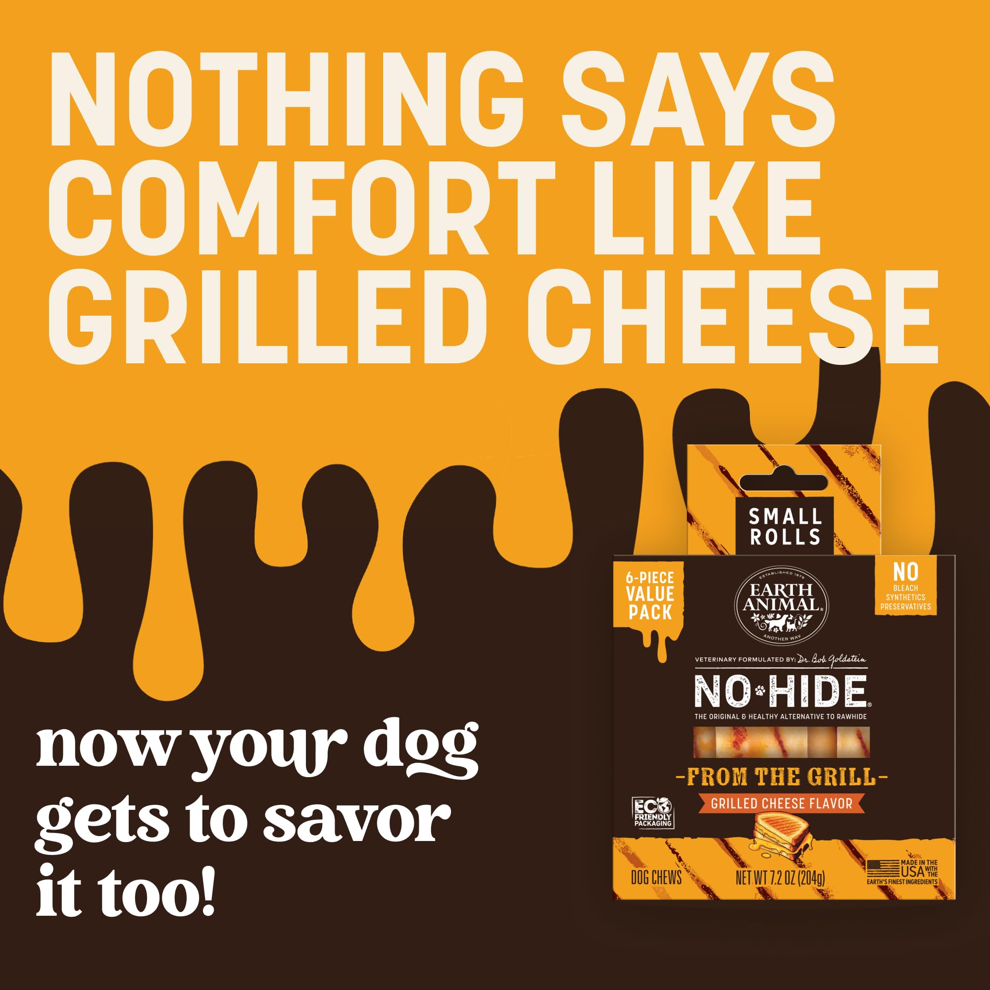 Earth Animal No-Hide Chews pack shot emphasizes convenient, mess-free treat for pet owners
