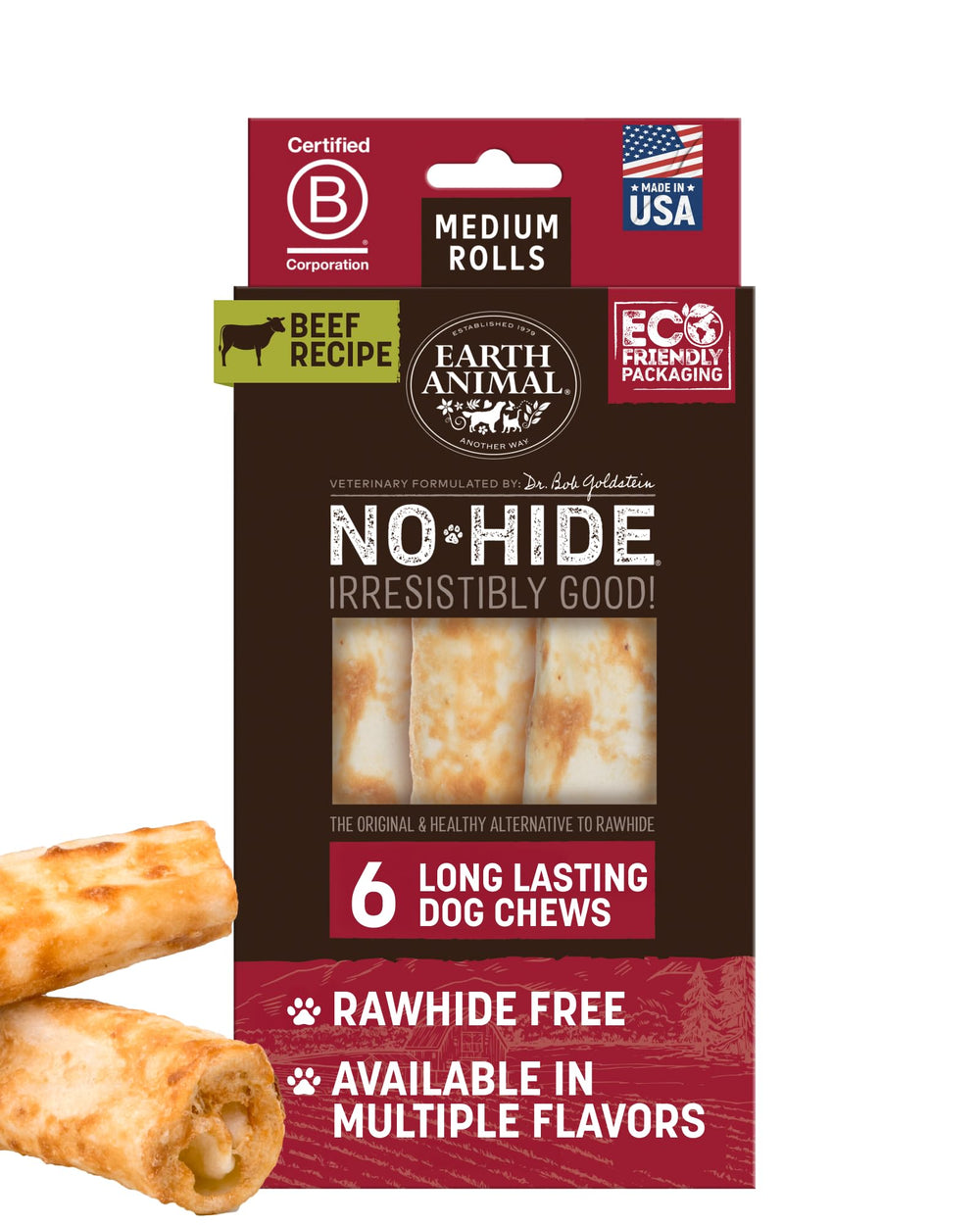 Earth Animal No Hide Chews rolls for medium dogs; long-lasting beef flavor.
