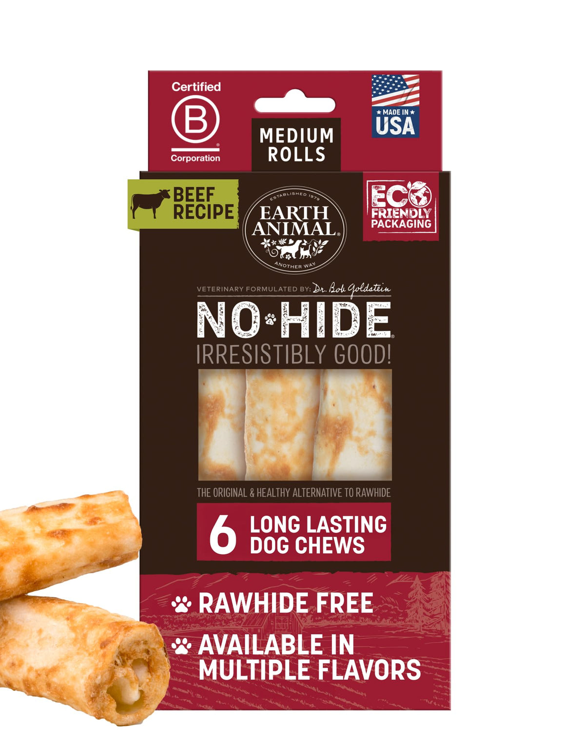 Earth Animal No Hide Chews rolls for medium dogs; long-lasting beef flavor.