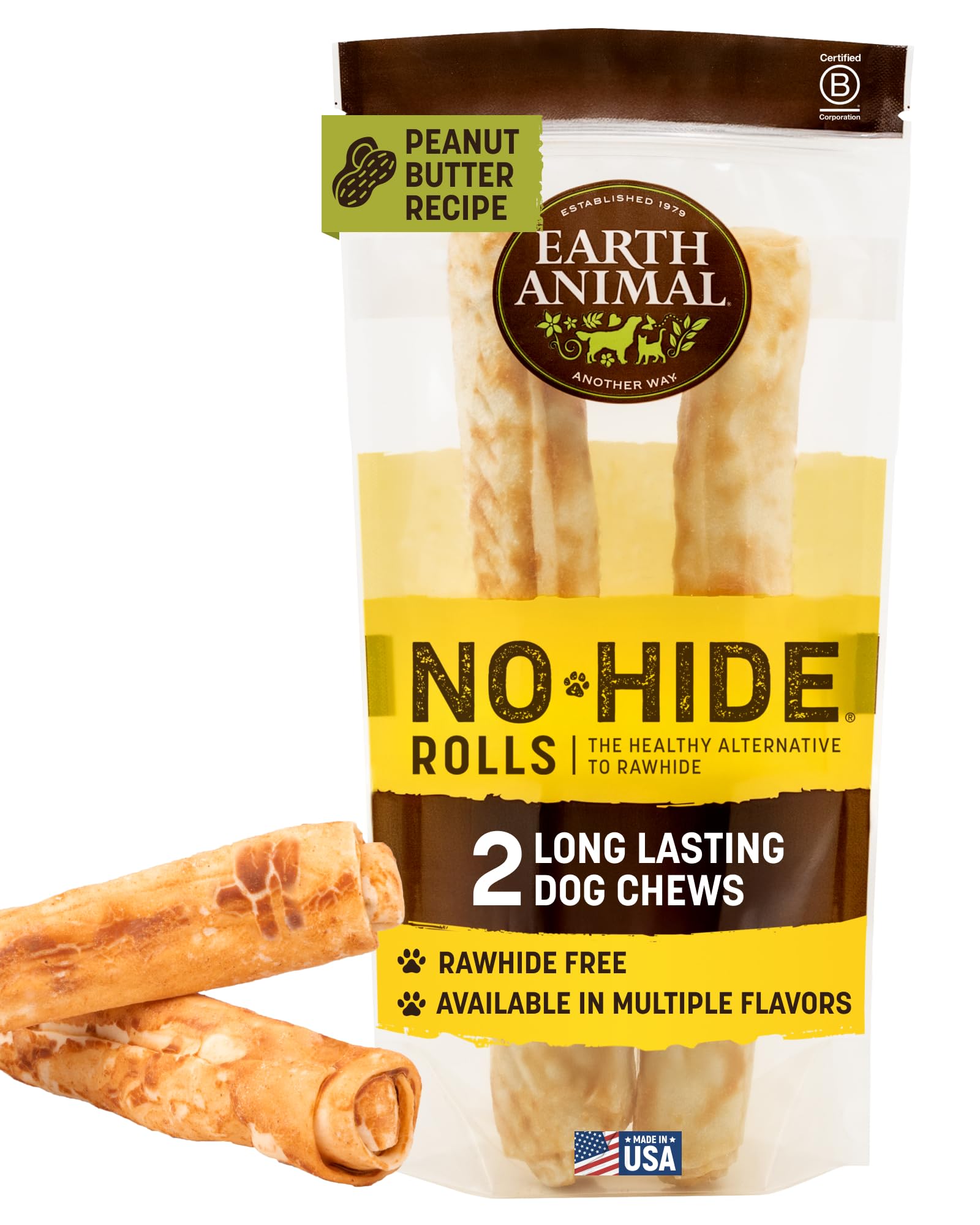 Earth Animal No Hide Chews rolls peanut butter for large dogs, promoting a long-lasting chew session