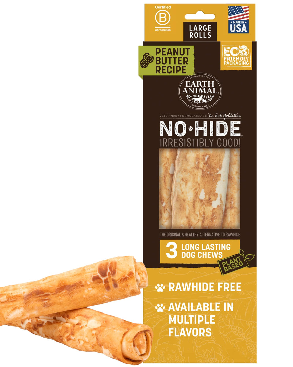 Earth Animal No Hide Chews Rolls with peanut butter for large dogs, long-lasting chew.