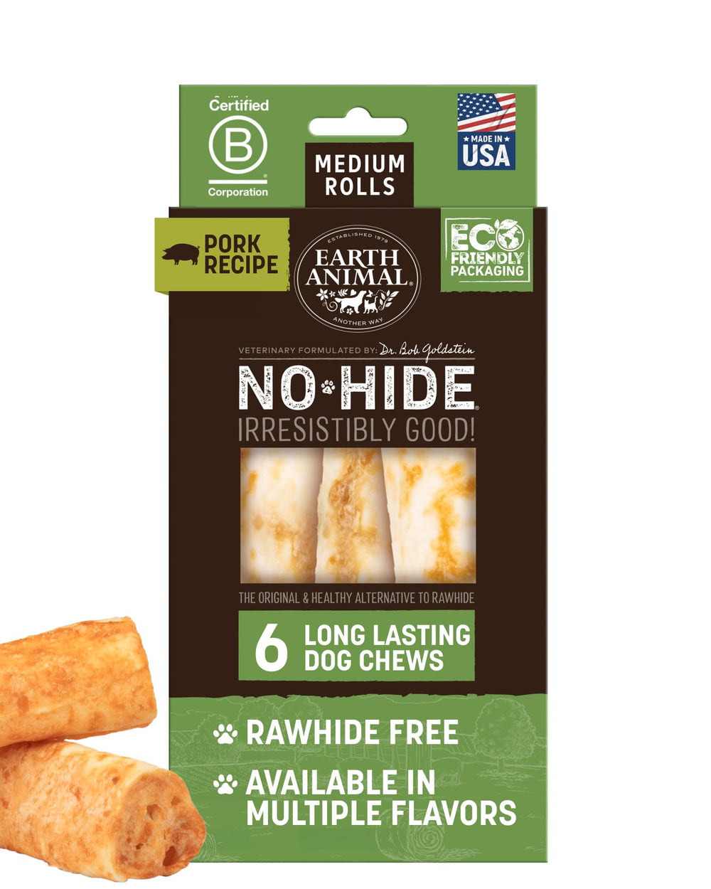 Earth Animal No Hide Chews rolls pork medium - long-lasting chew for medium dogs.