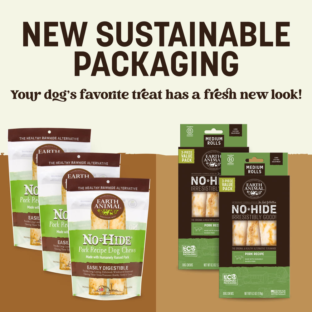 Earth Animal No Hide Chews pork rolls for medium dogs promote healthy chewing.